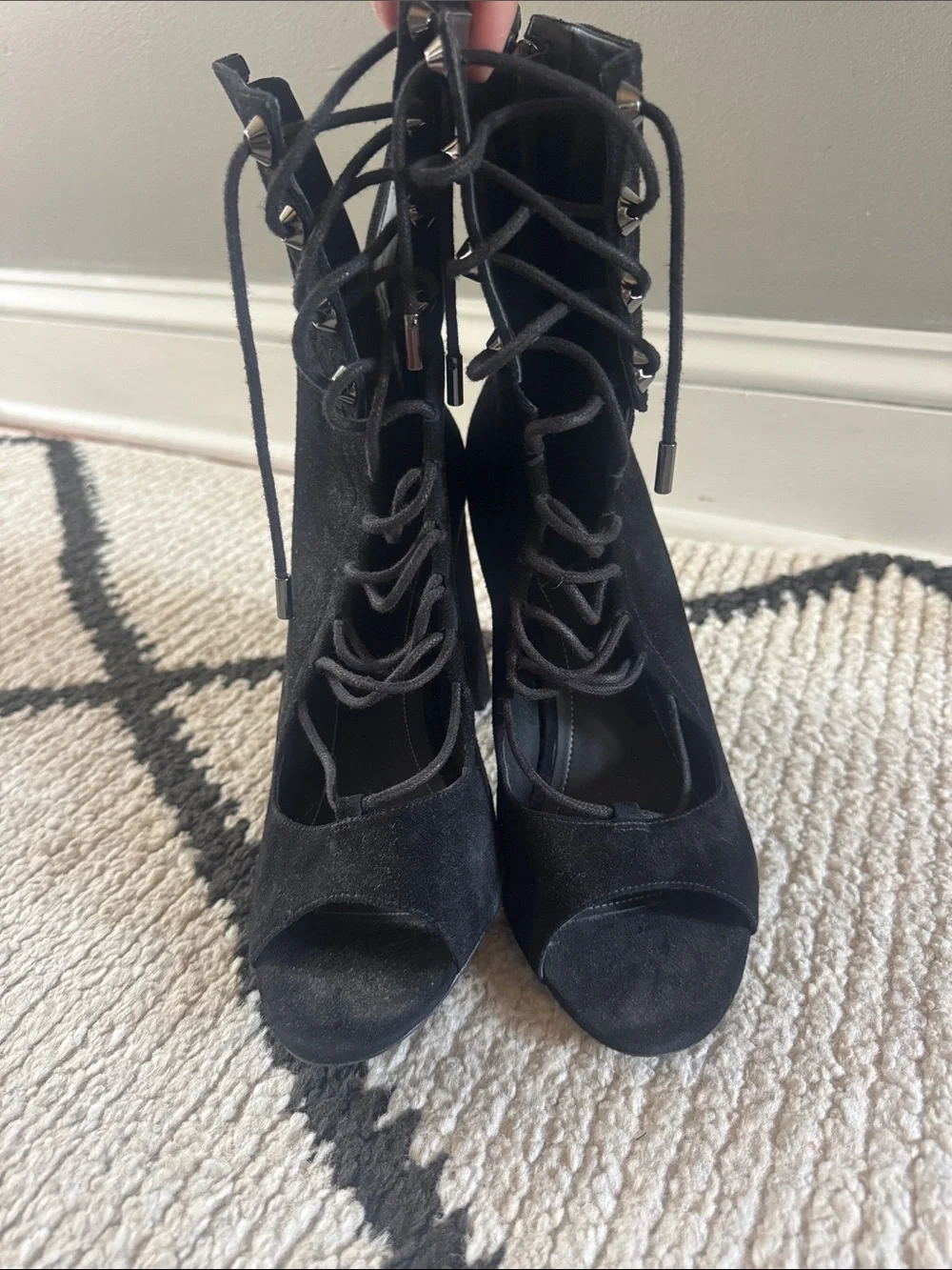 Kendall & Kylie Black Suede Lace-Up Peep-Toe Heeled Booties 9.5